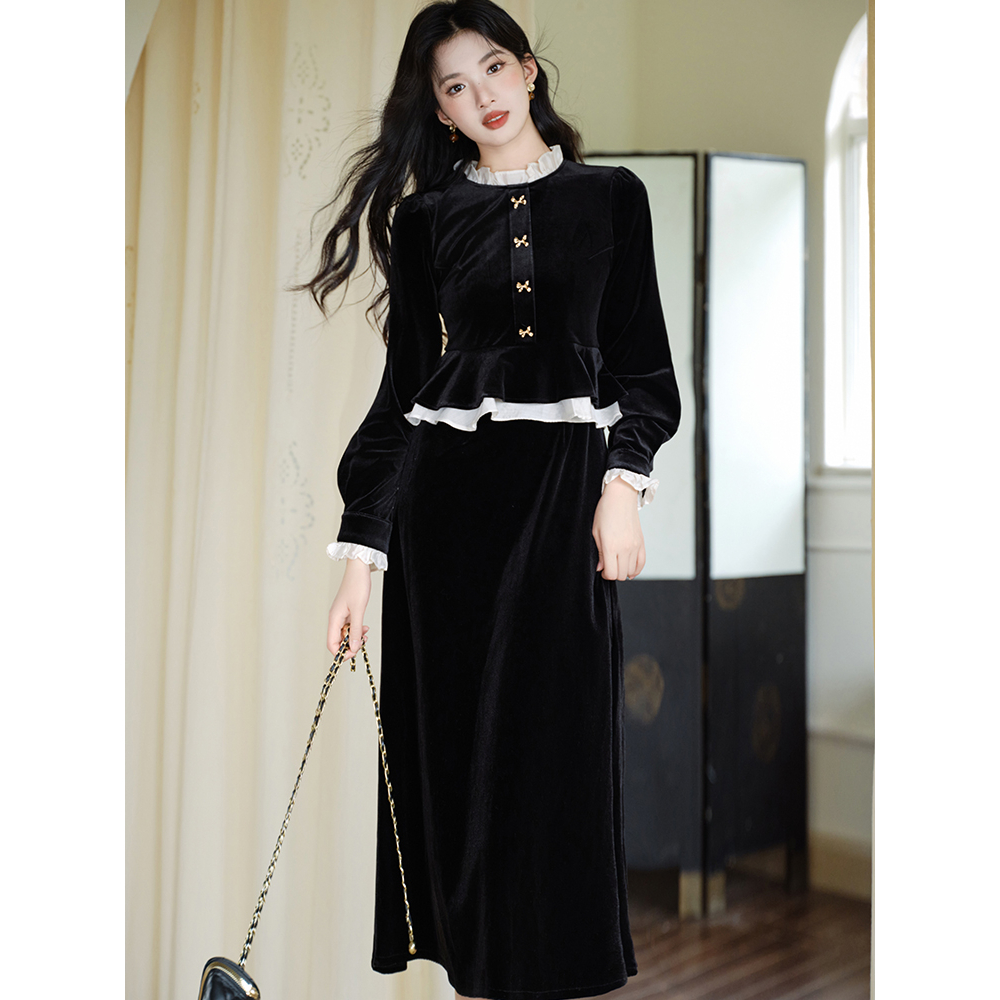 2025春秋高级感黑色丝绒假两件连衣裙女收腰显瘦今年流行中长裙新