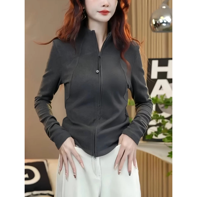 大码女装立领双拉链长袖T恤早秋新款胖mm加绒保暖打底衫显瘦上衣