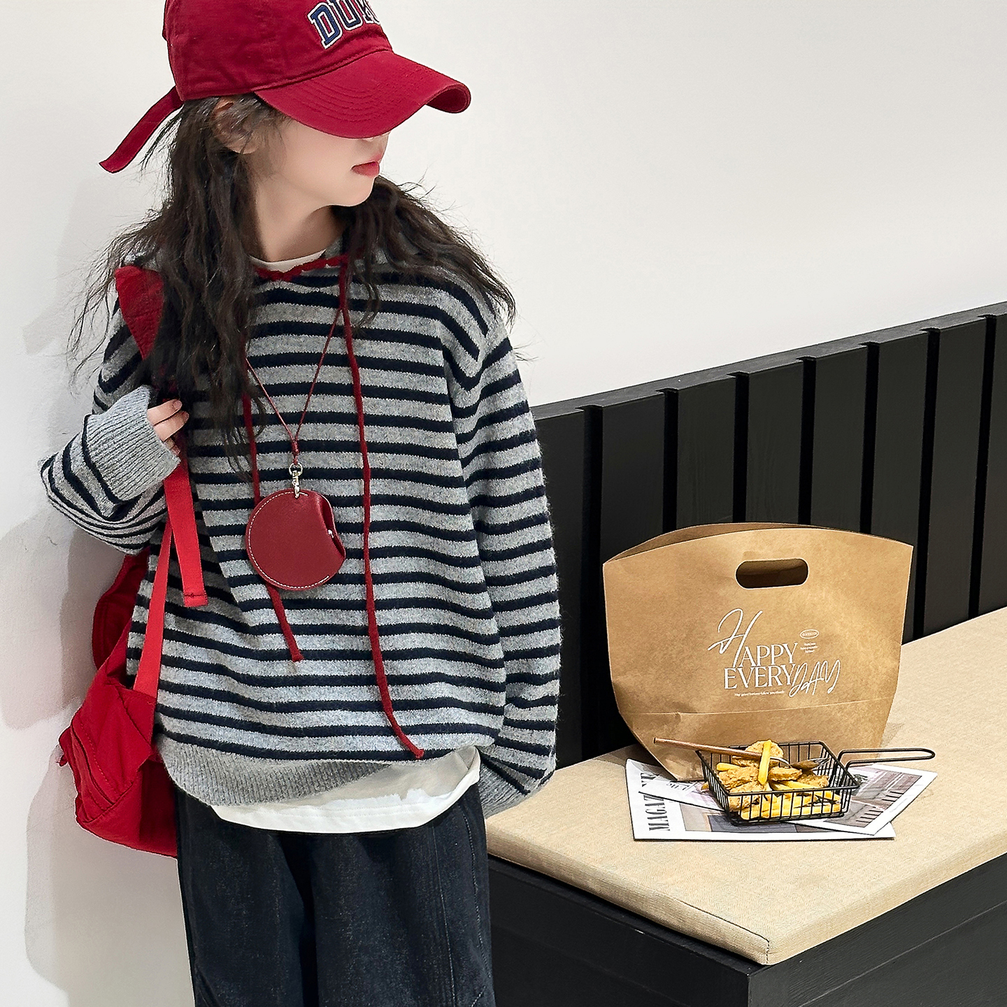 韩系秋冬条纹连帽毛衣女童针织衫5-14岁长袖洋气韩版宽松春秋休闲