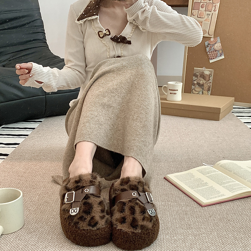 2025秋冬季8829半包豹纹女外穿勃肯鞋时尚毛茸茸居家保暖女士棉鞋