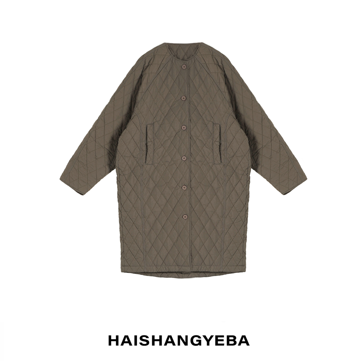 【海上叶爸】新款2025秋冬百搭桑蚕丝圆领纽扣菱格长款保暖棉服