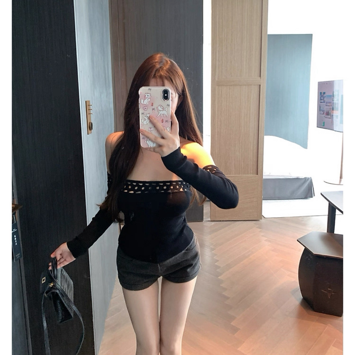 性感镂空黑色针织抹胸袖套上衣女秋一字肩露背短款上衣紧身打底衫