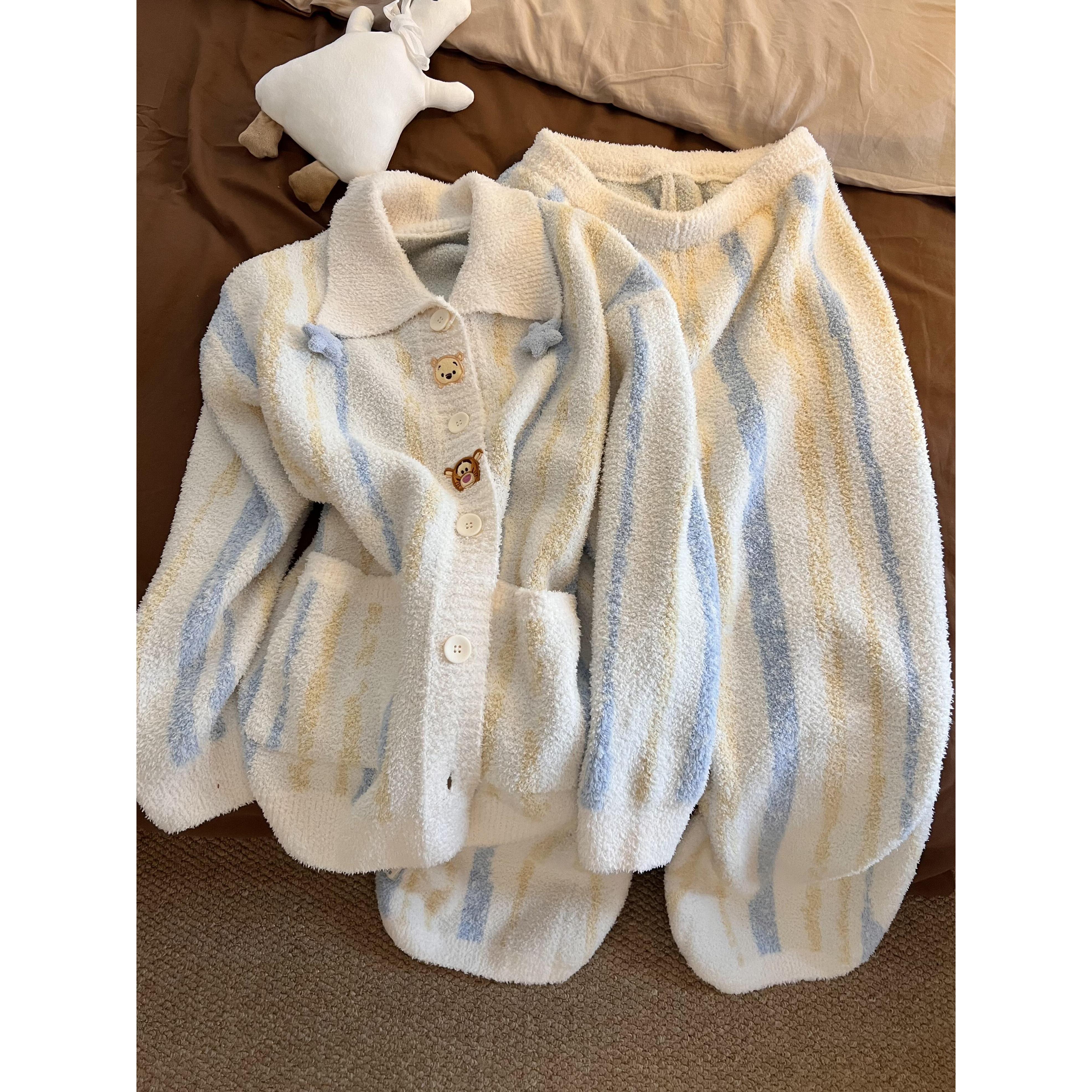 甜美卡通条纹针织半边绒睡衣女款秋冬新款加厚大码长袖长裤家居服