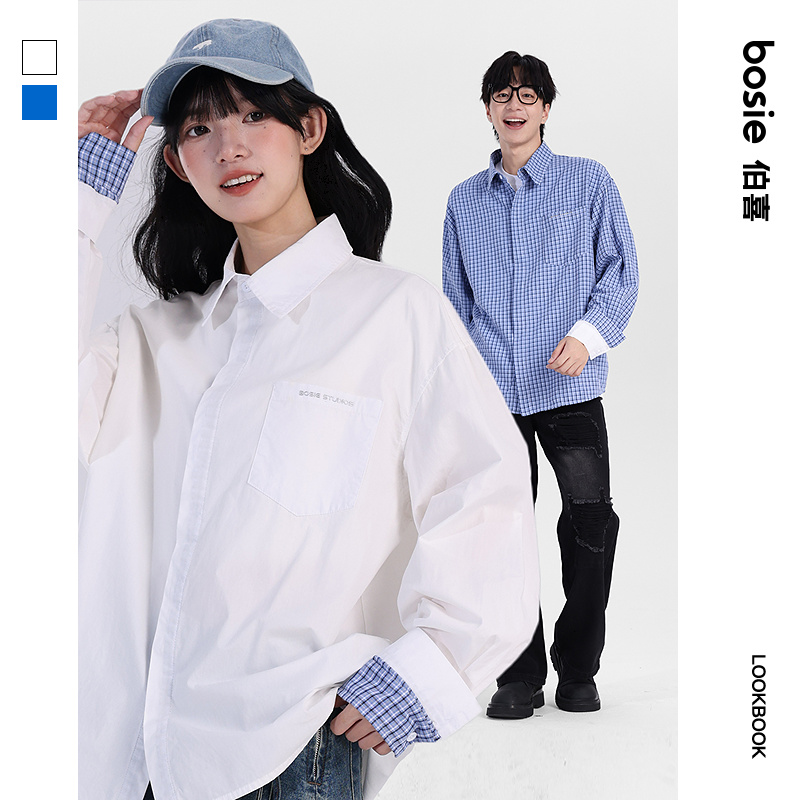 bosie伯喜2025年秋季新款长袖衬衫男情侣宽松休闲通勤格子外套潮