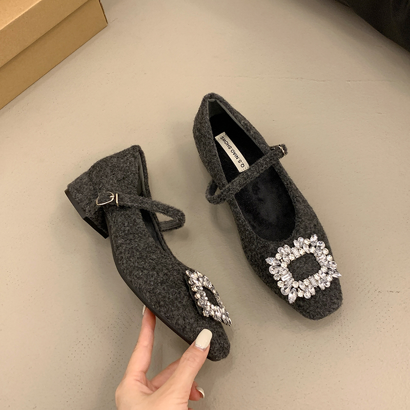 粗跟高跟黑色方头水钻单鞋女鞋子2025新款秋冬季加绒玛丽珍毛毛鞋