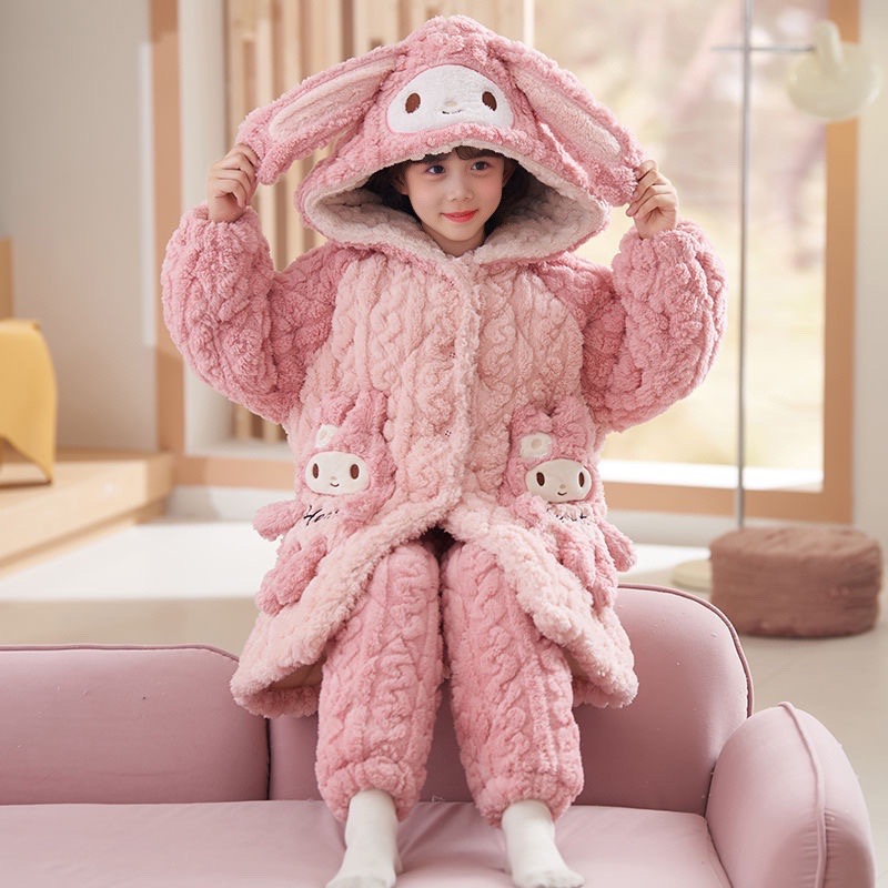 「一套过冬」中长款三层夹棉加绒加厚女童睡衣冬季珊瑚绒款宝宝暖暖