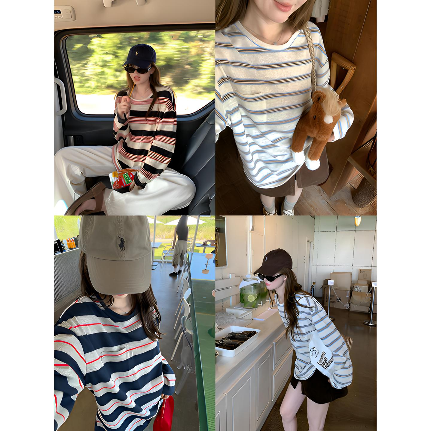 miu系美学’复古慵懒条纹圆领长袖t恤女秋宽松上衣休闲百搭