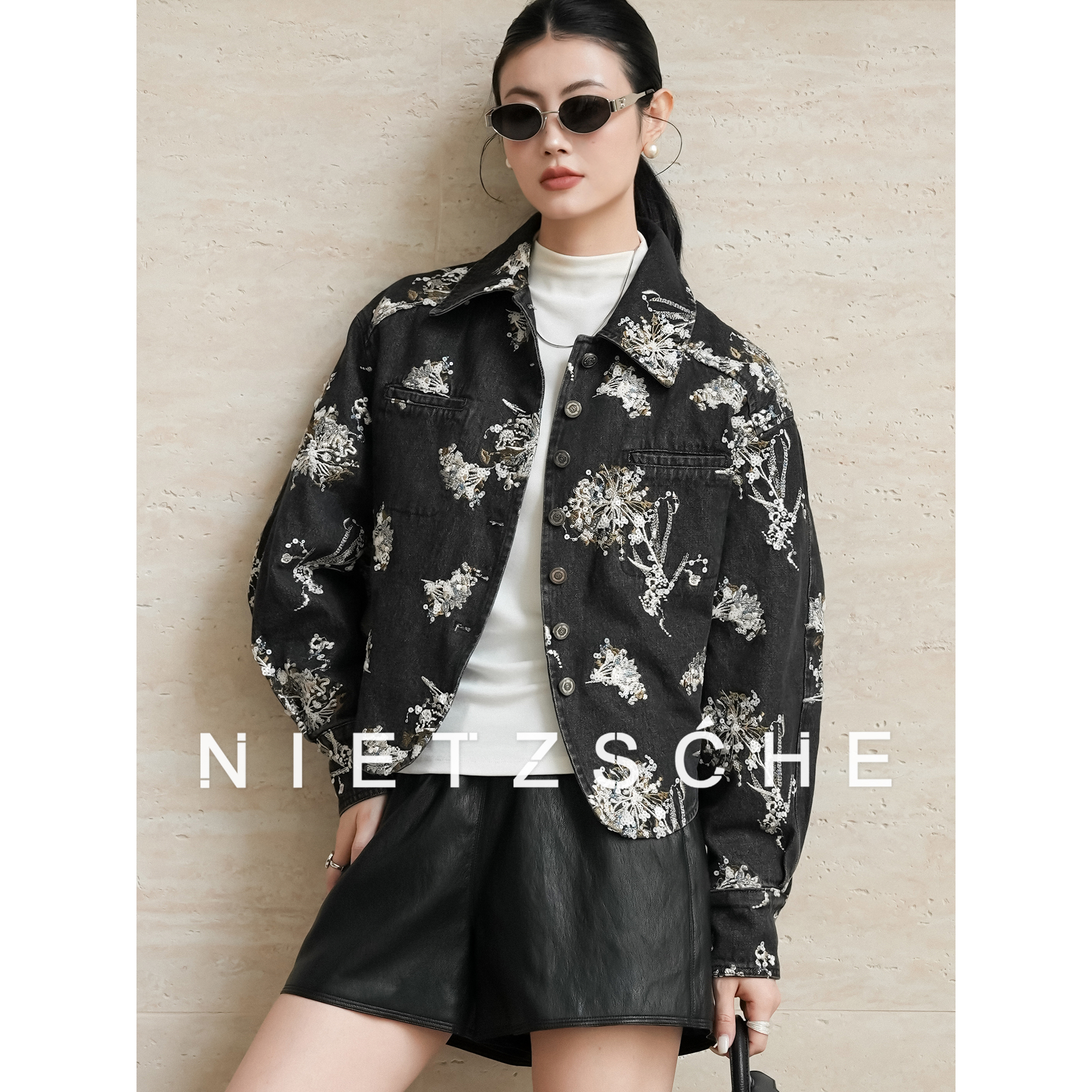 尼采 官方直营｜繁花牛仔鹅绒服｜亮片刺绣珠片高定女羽绒服30155