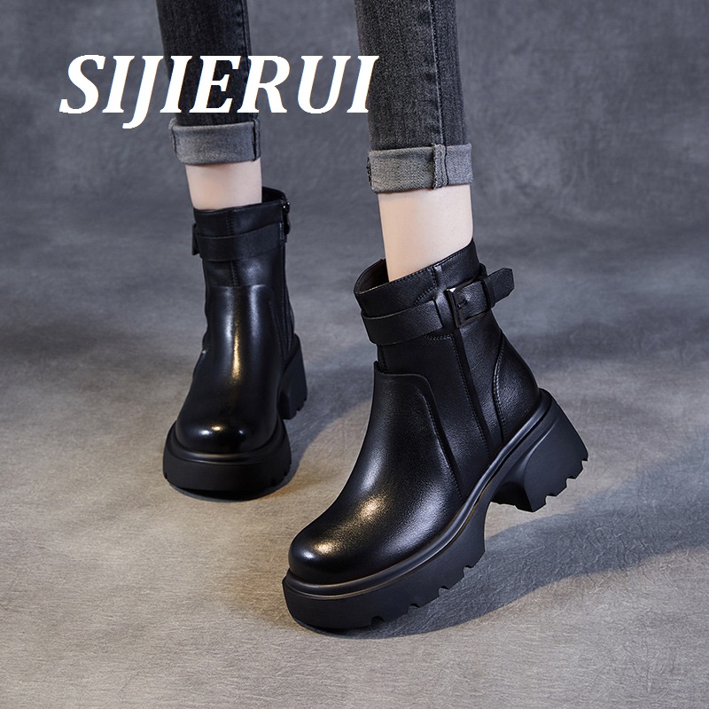 SIJIERUI厚底马丁靴女圆头切尔西靴英伦风皮带扣真皮机车短筒靴女