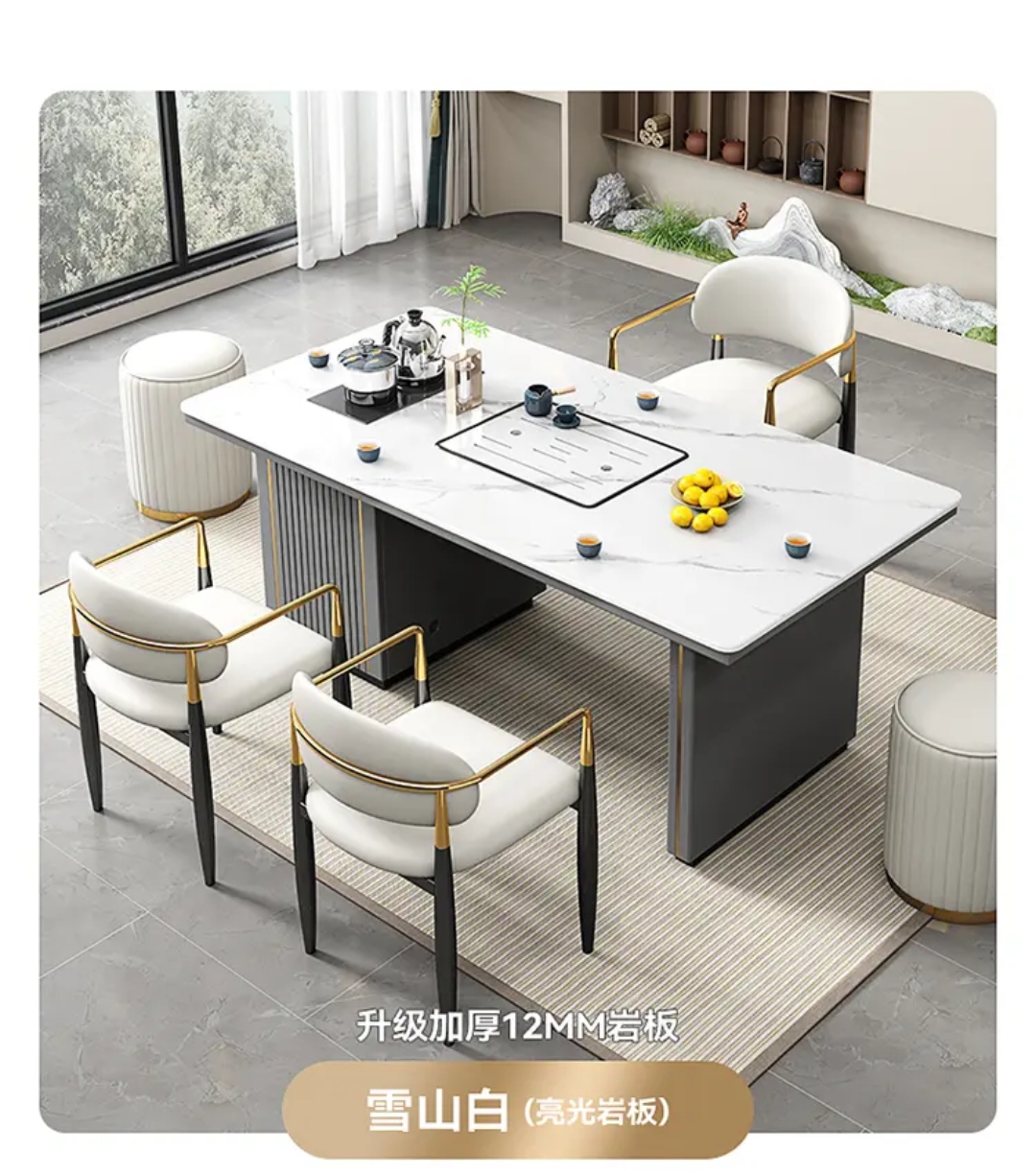 现代简约轻奢亮光岩板茶桌办公室家用客厅阳台自动烧水多功能茶台
