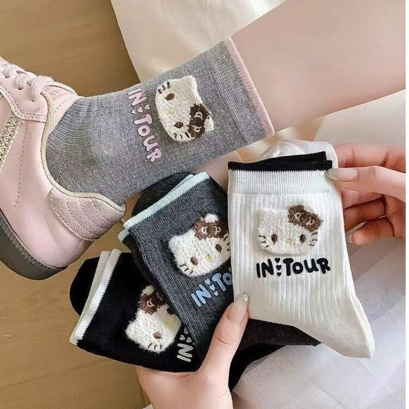秋季韩版甜美可爱卡通日系学生中筒袜ins字母堆堆袜kt猫袜子女