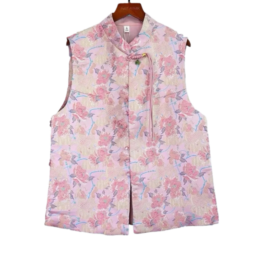 015A国风重工提花新中式立领马甲女春秋气质盘扣坎肩马夹外套百搭