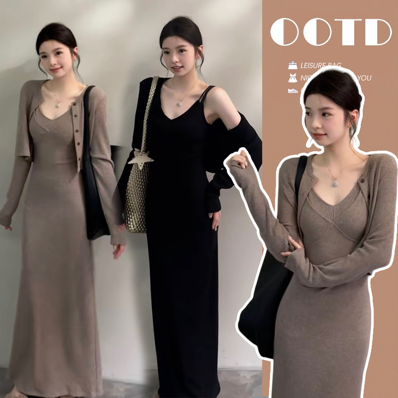 时髦孕妇装套装开叉收腰法式长款显瘦连衣裙吊带裙时尚开衫两件套