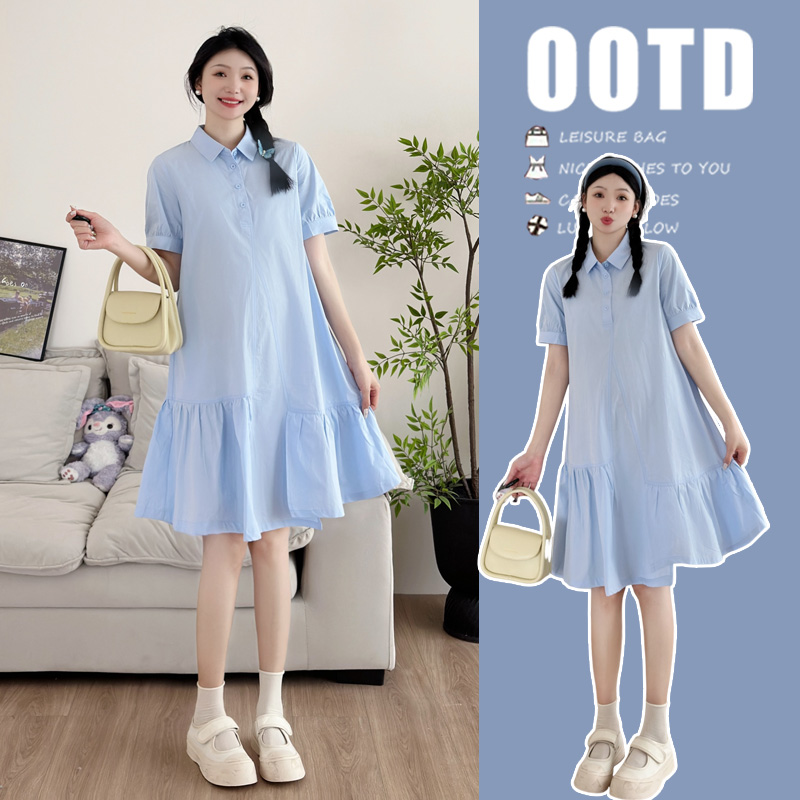 2025夏季新款短袖设计感蓝色衬衣领孕妇连衣裙法式气质中长裙