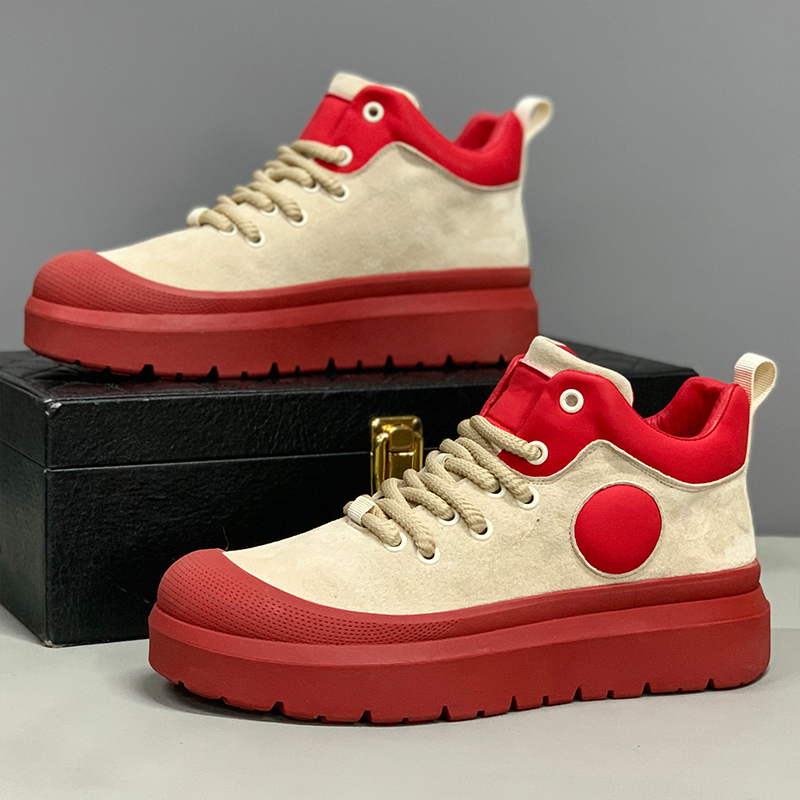 增高男鞋男鞋秋冬季新款2025皮面红色高帮休闲鞋男士厚底增高男士