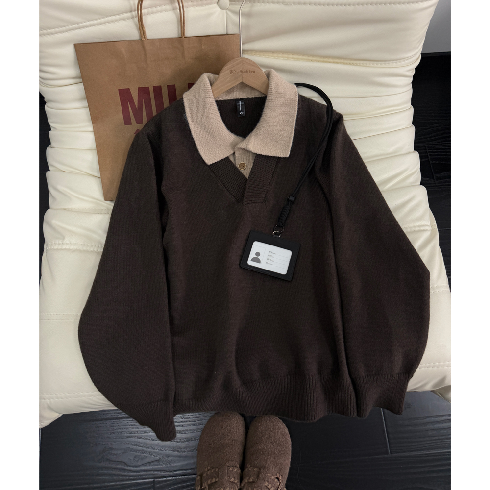 vintage老钱风复古针织毛衣男秋冬假两件拼接针织衫慵懒风毛线衣