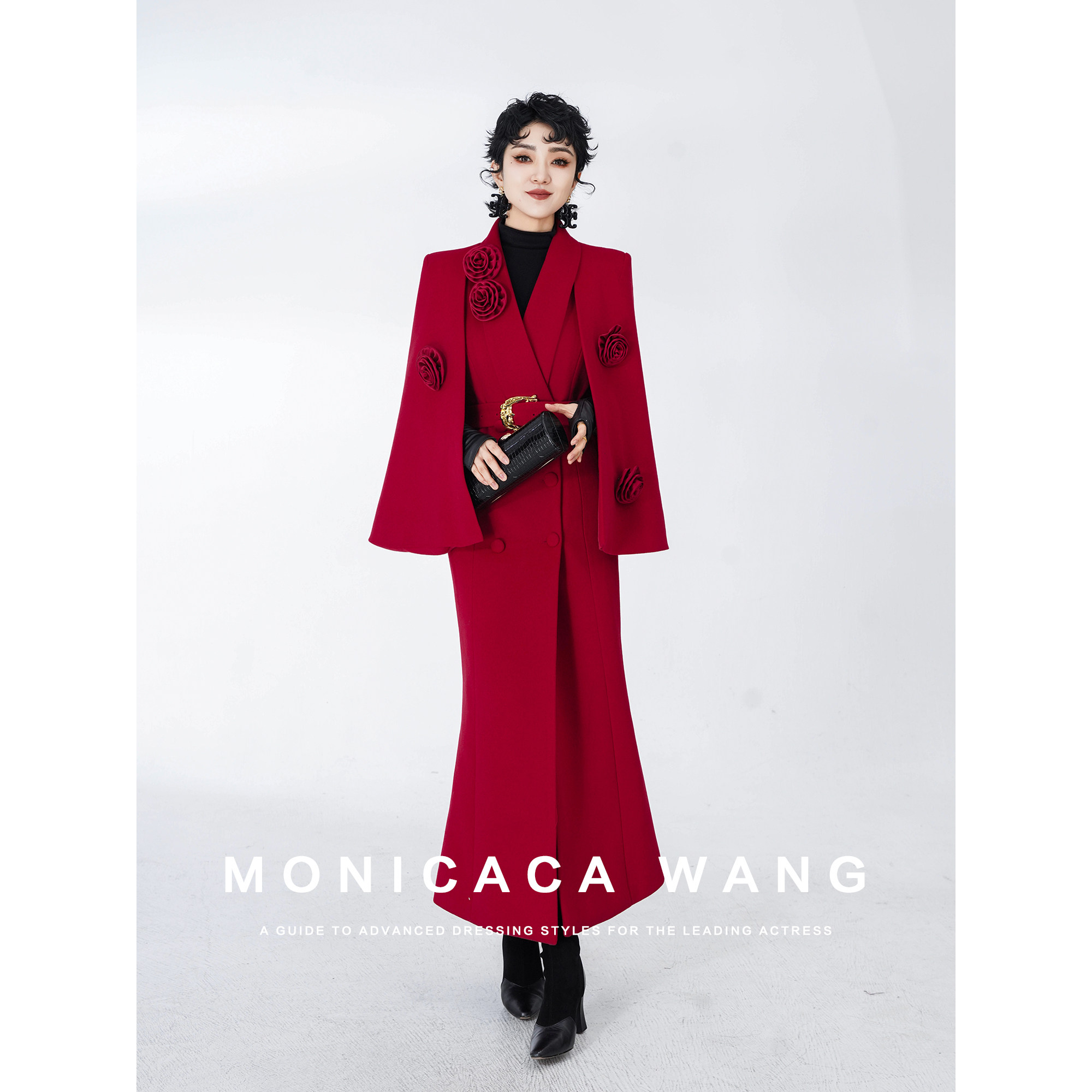 【莫妮卡卡】2025冬斗篷毛呢外套收腰长款大衣年会礼服外搭ZJS12136