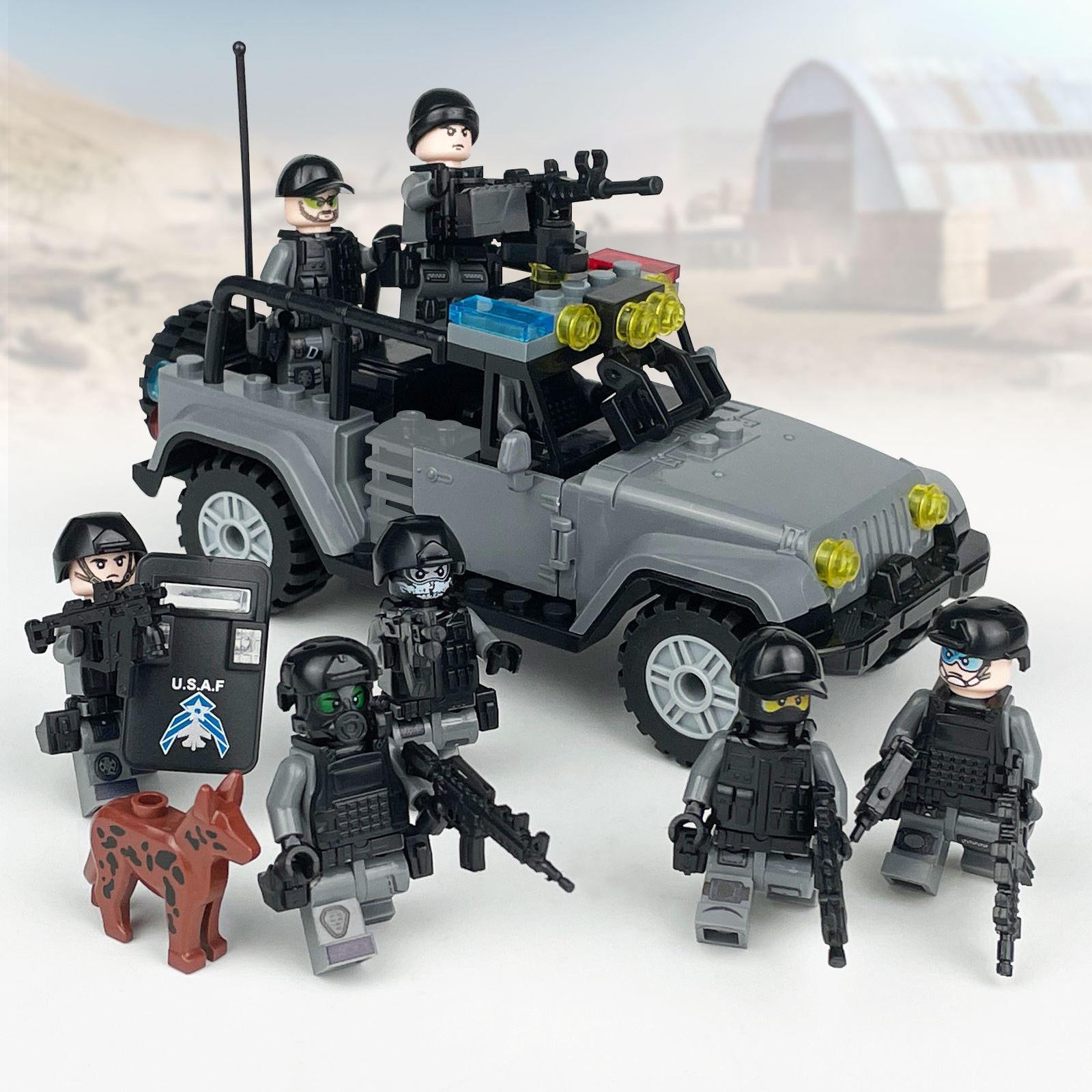 军用悍马防弹装甲车武装越野吉普车特警特种部队直升飞机积木玩具