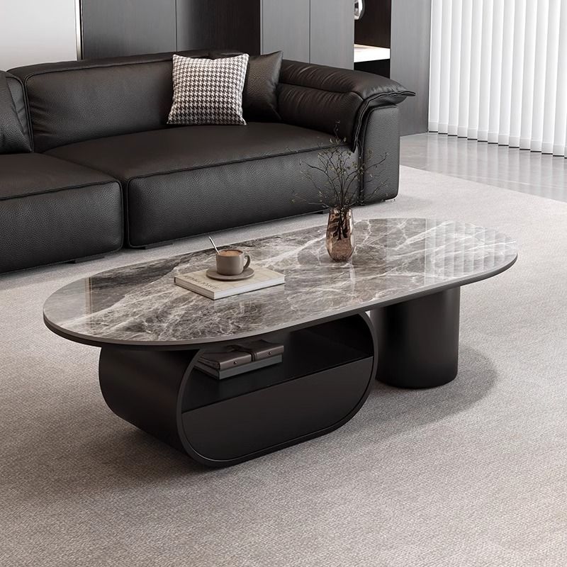 轻奢意大利灰岩板茶几家用小户型椭圆形带抽屉创意简约茶几桌组合