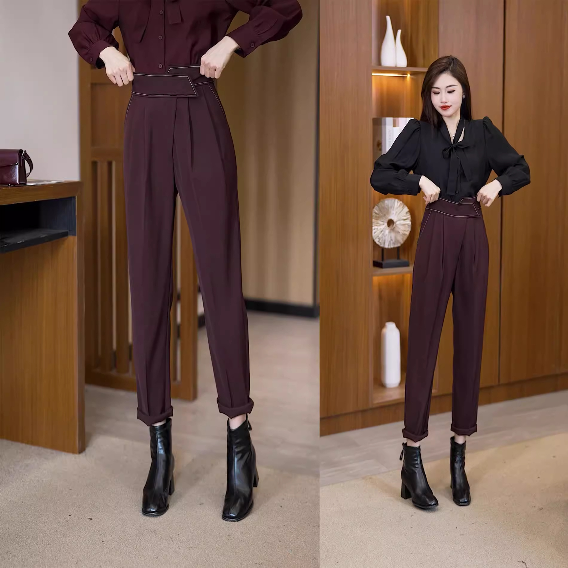 拉夏贝尔气质西装裤女2025春秋新款高腰魔术贴设计九分休闲哈伦裤