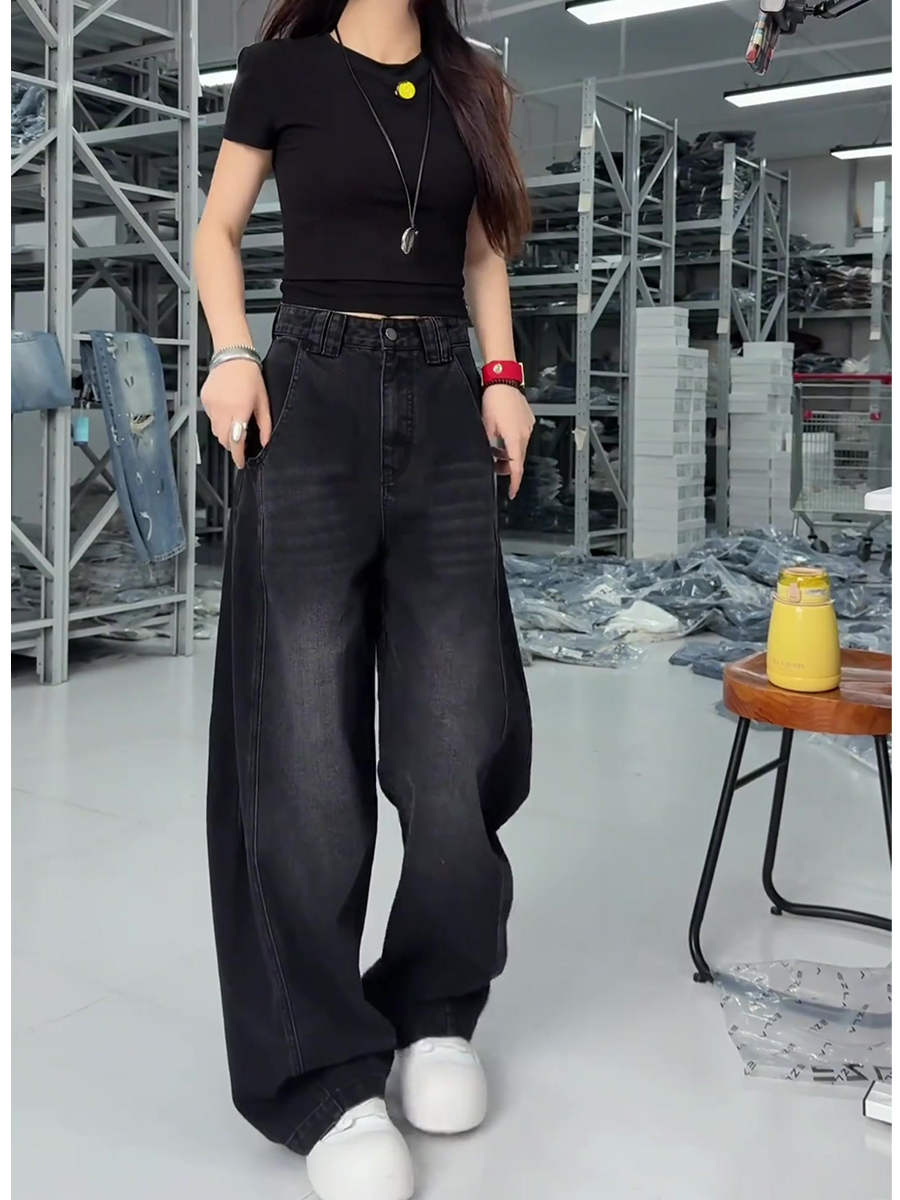 梨型身材大码女装高腰牛仔裤2025秋季新款宽松显瘦拖地弯刀阔腿裤