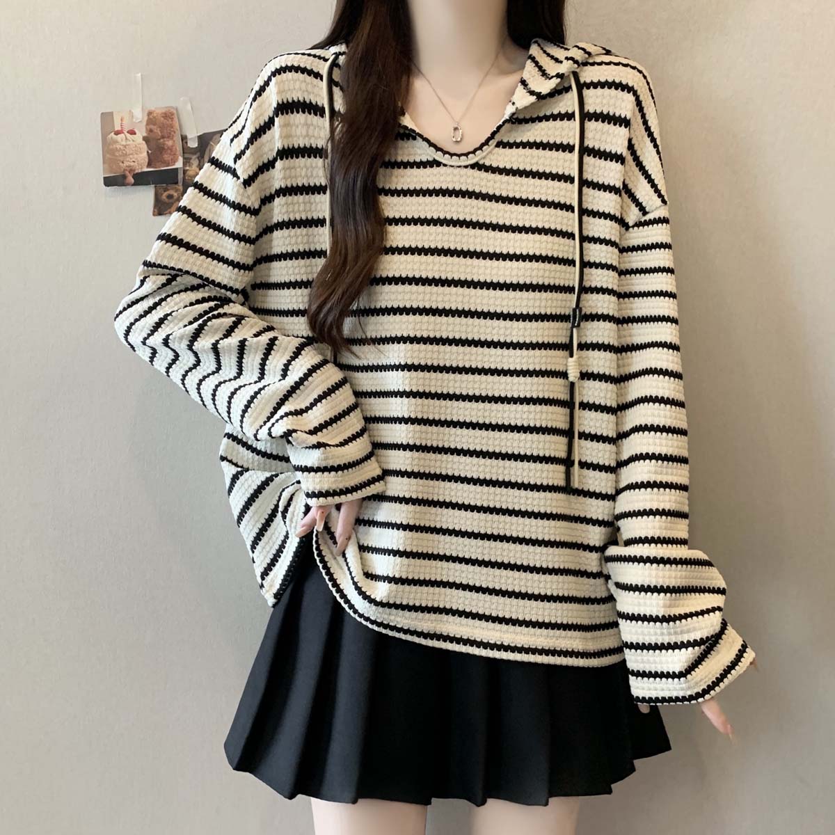 遮肚子连帽条纹长袖卫衣爆款女秋冬大码胖mm减龄百搭显瘦时尚上衣