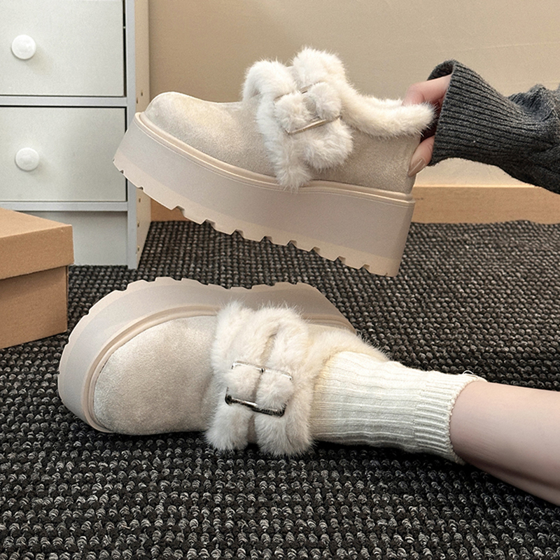 复古百搭拼接毛毛搭扣厚底增高勃肯鞋女2025冬新款加绒棉鞋乐福鞋