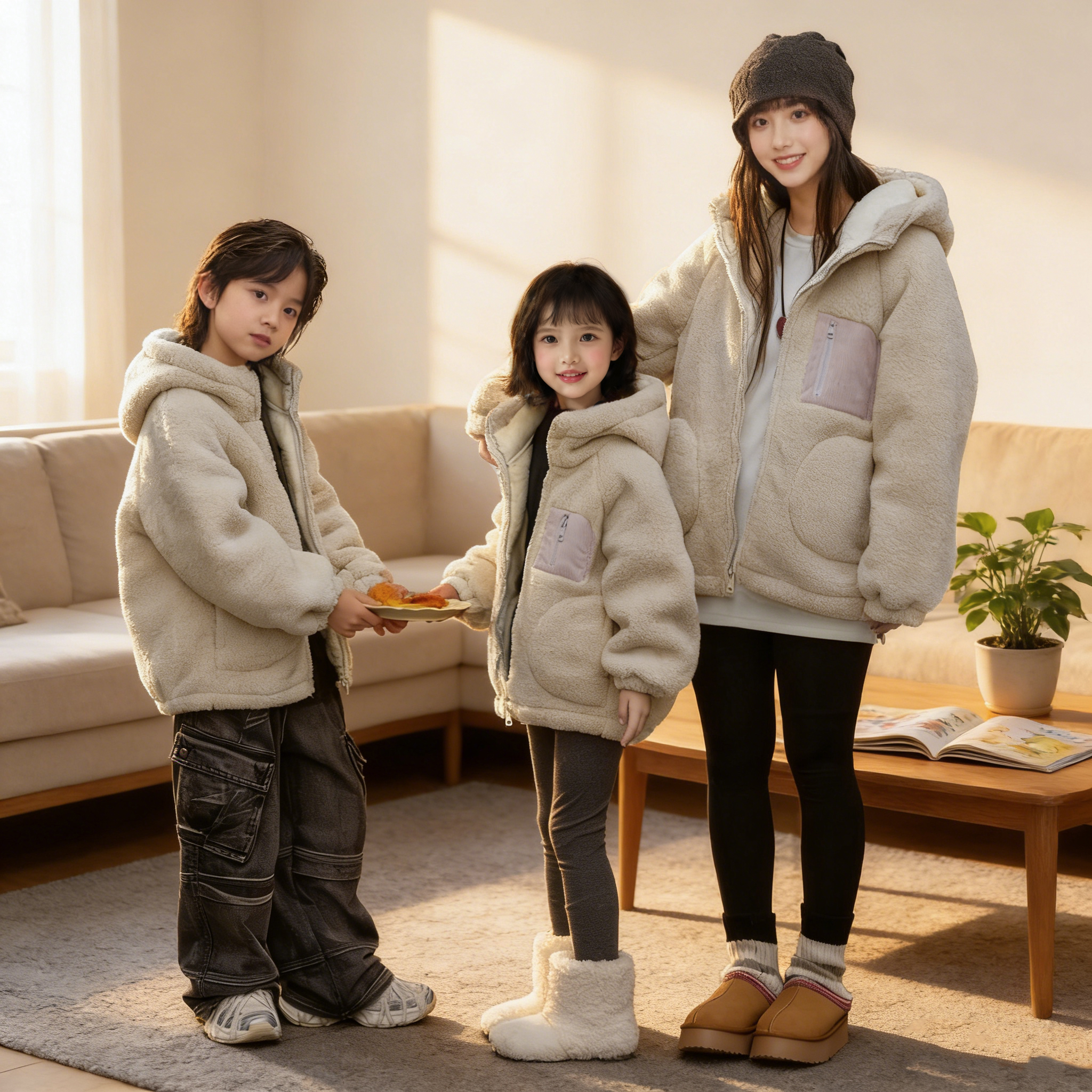 【小火炉】冬季三层夹棉加绒加厚外套亲子装中大儿童连帽家居服棉