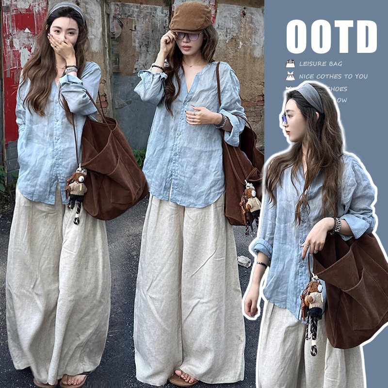 孕妇早秋新款气质简约韩系棉麻宽松衬衫＋棉麻弯刀裤子女春秋长袖