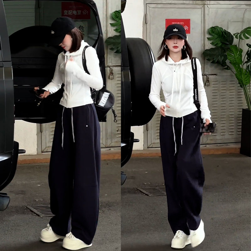 2025秋季新款设计感时尚百搭长袖连帽拉链开衫女休闲阔腿裤两件套