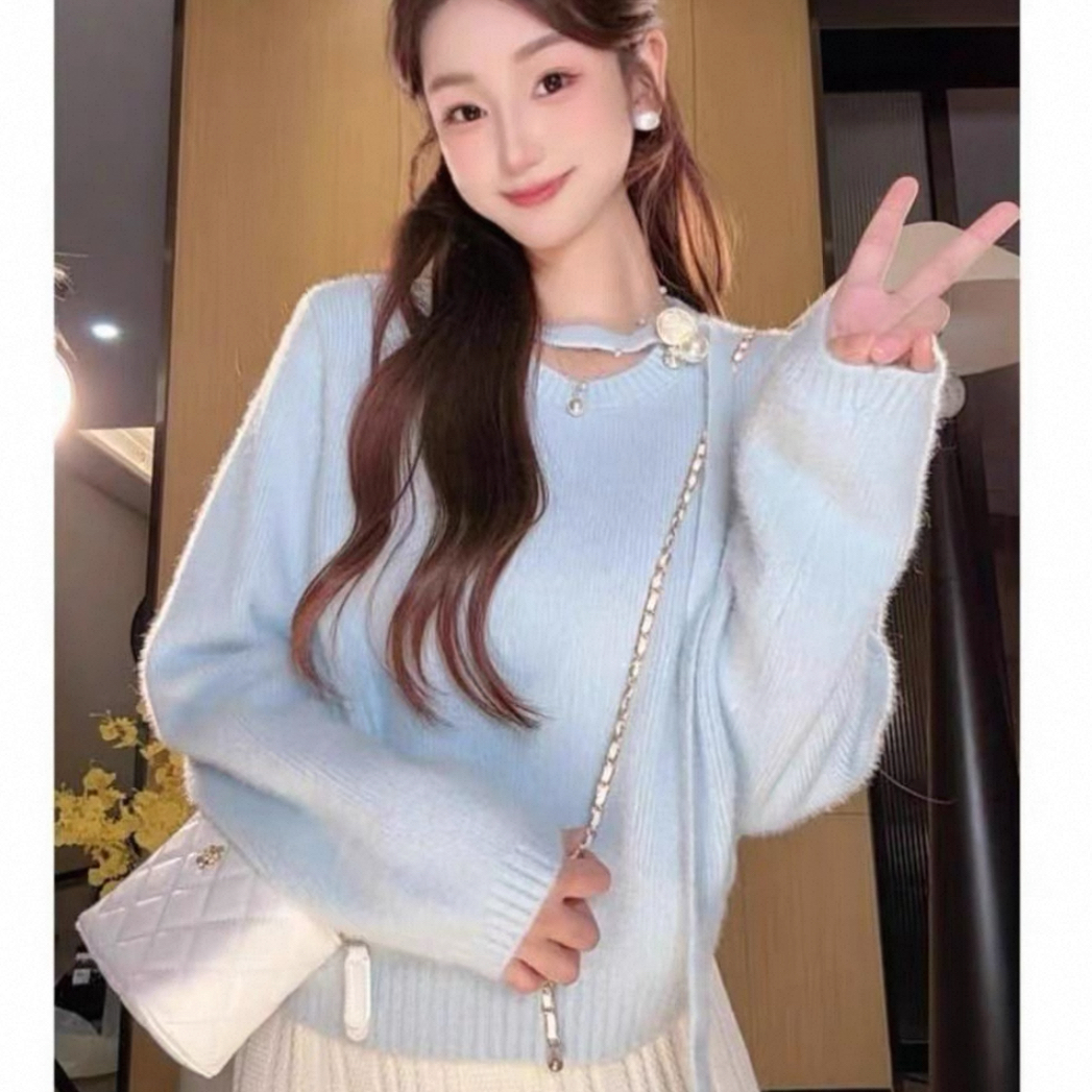 不起球 法式挂脖仿貂绒毛衣女秋冬宽松慵懒风高级感针织衫上衣