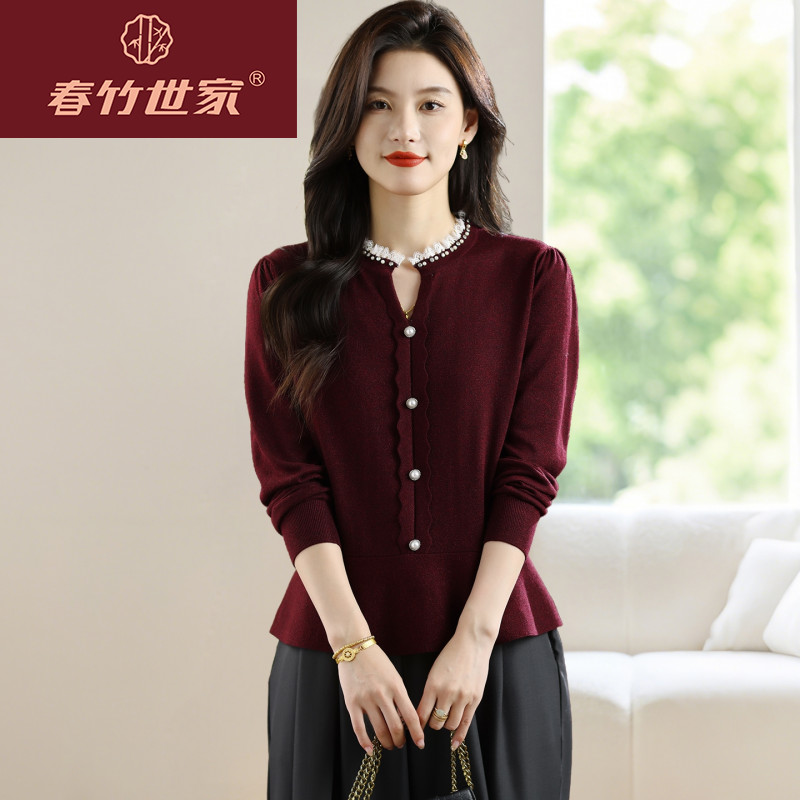 春竹世家名品牌小个子短款毛衣女秋装内搭打底衫小香风红色上衣外