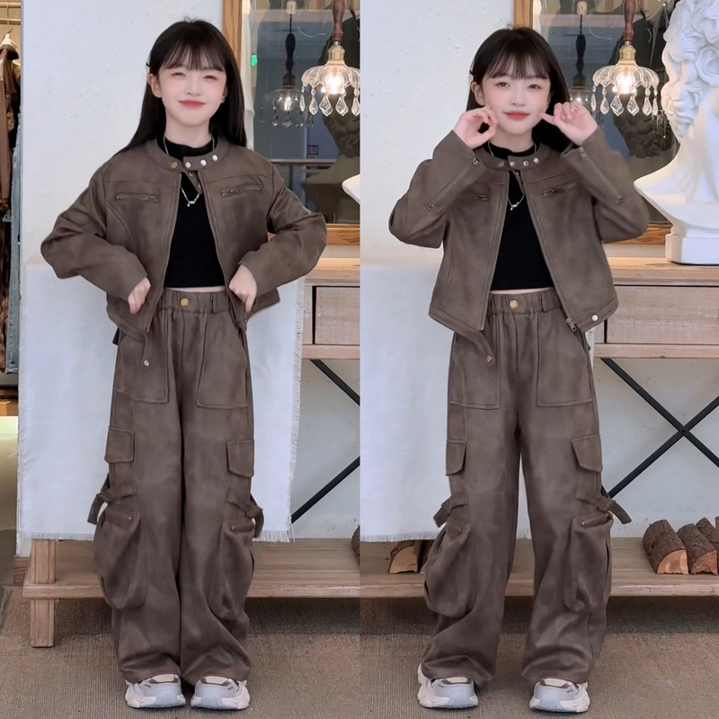 女童秋季新款时尚美式复古重工机车风外套潮流工装裤时髦两件套