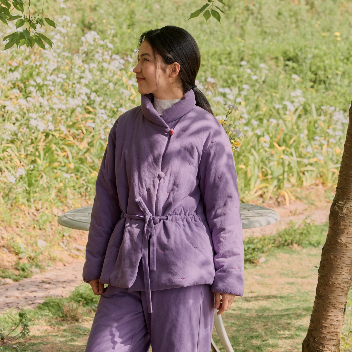 朵朵可可睡衣女秋冬立领高贵紫里外纯棉系带福字扣夹棉家居服套装