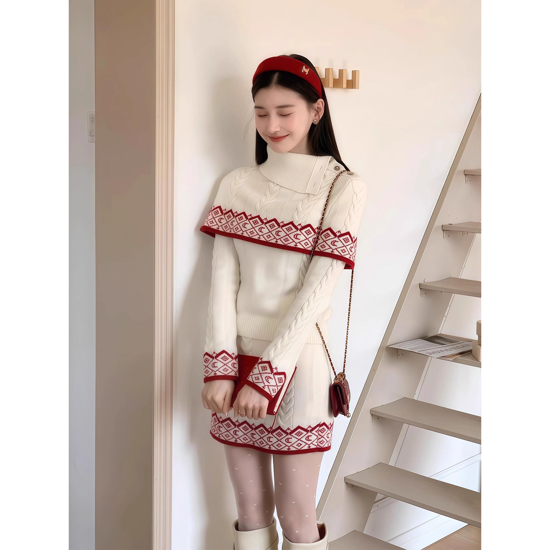 韩系小香风假两件长袖针织衫女秋冬新款高级感穿搭半身裙三件套装