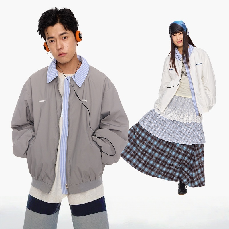 美式复古绣花假两件翻领棒球服春秋男女夹克外套休闲百搭情侣宽松