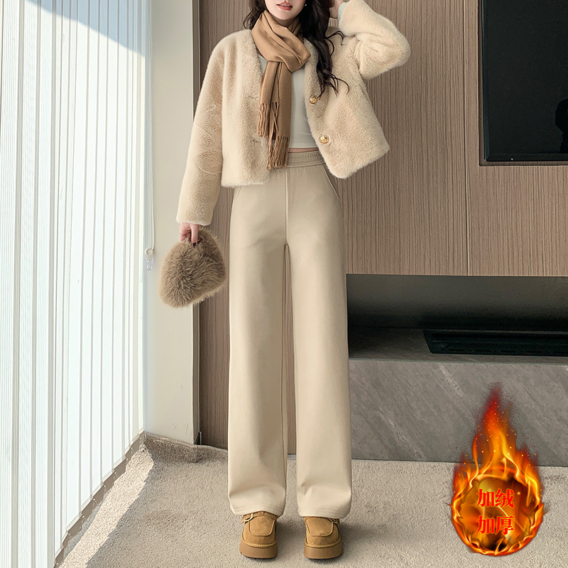小个子窄版毛呢直筒裤女秋冬2025新款高腰显瘦宽松阔腿裤加绒裤子