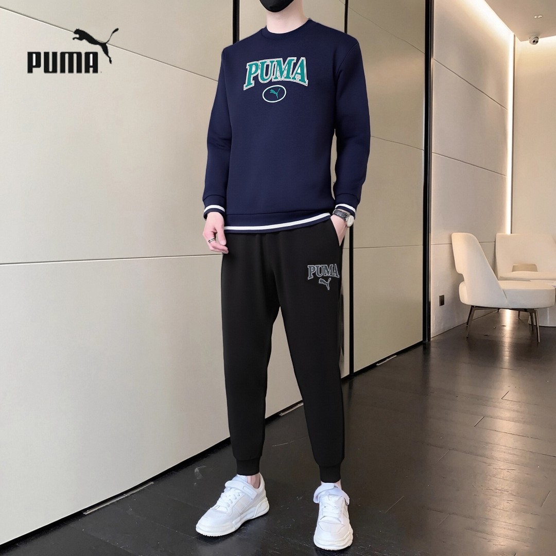 PUMA彪马运动套装男秋季新款圆领卫衣长袖运动套头衫黑色束脚长裤