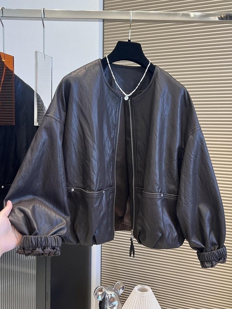 高端欧货2025秋冬新款圆领拉链双口袋水洗pu蛋白皮衣女夹克短外套