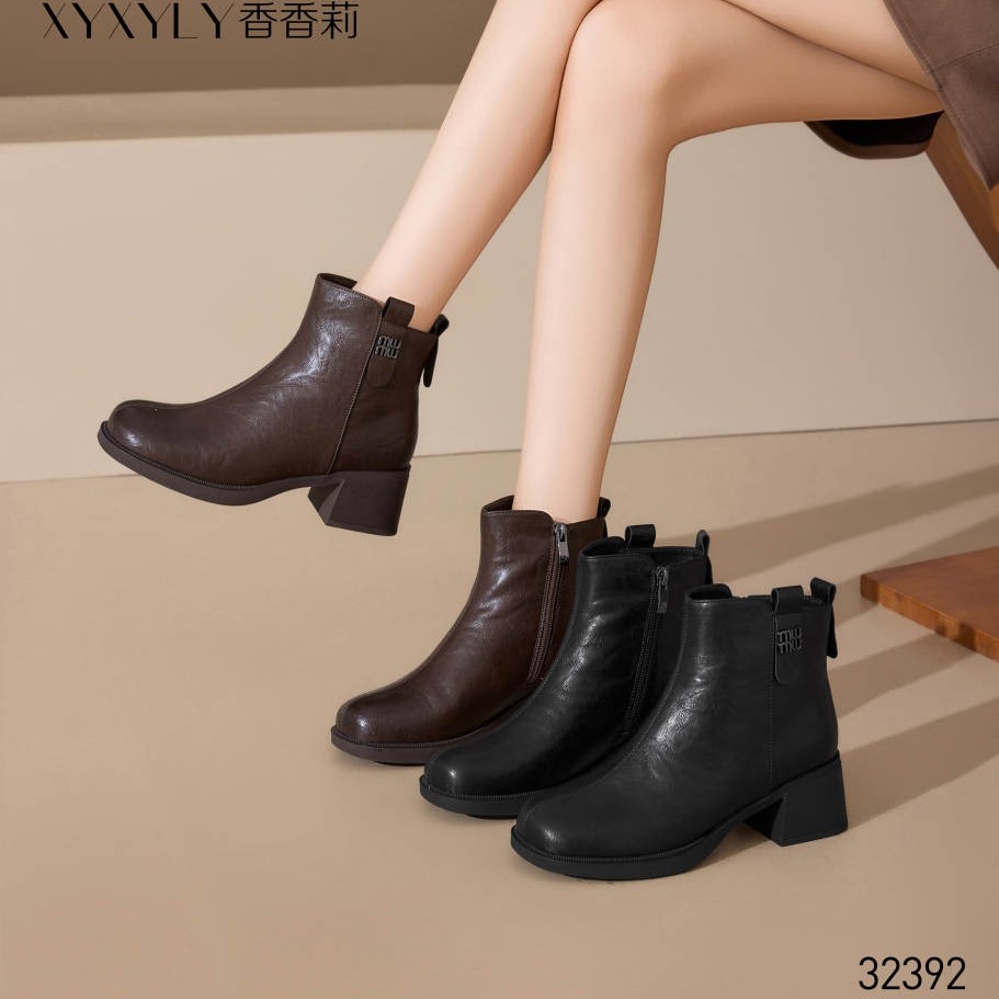 香香莉女鞋2025冬季新款32392粗跟中跟加绒短靴女靴侧拉链时装靴