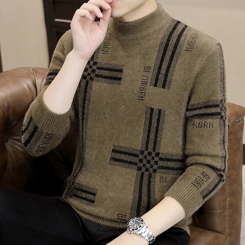 水貂绒毛衣男提花秋冬季新款加厚保暖半高领针织衫男装长袖内搭衣