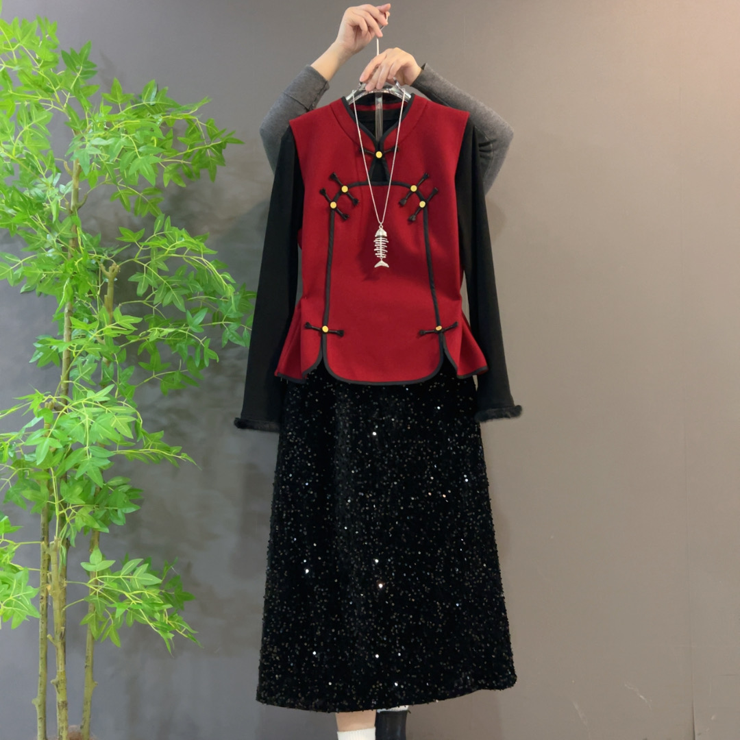 时尚气质复古国风轻奢显瘦马甲十打底衫十亮片半身裙大码三件套