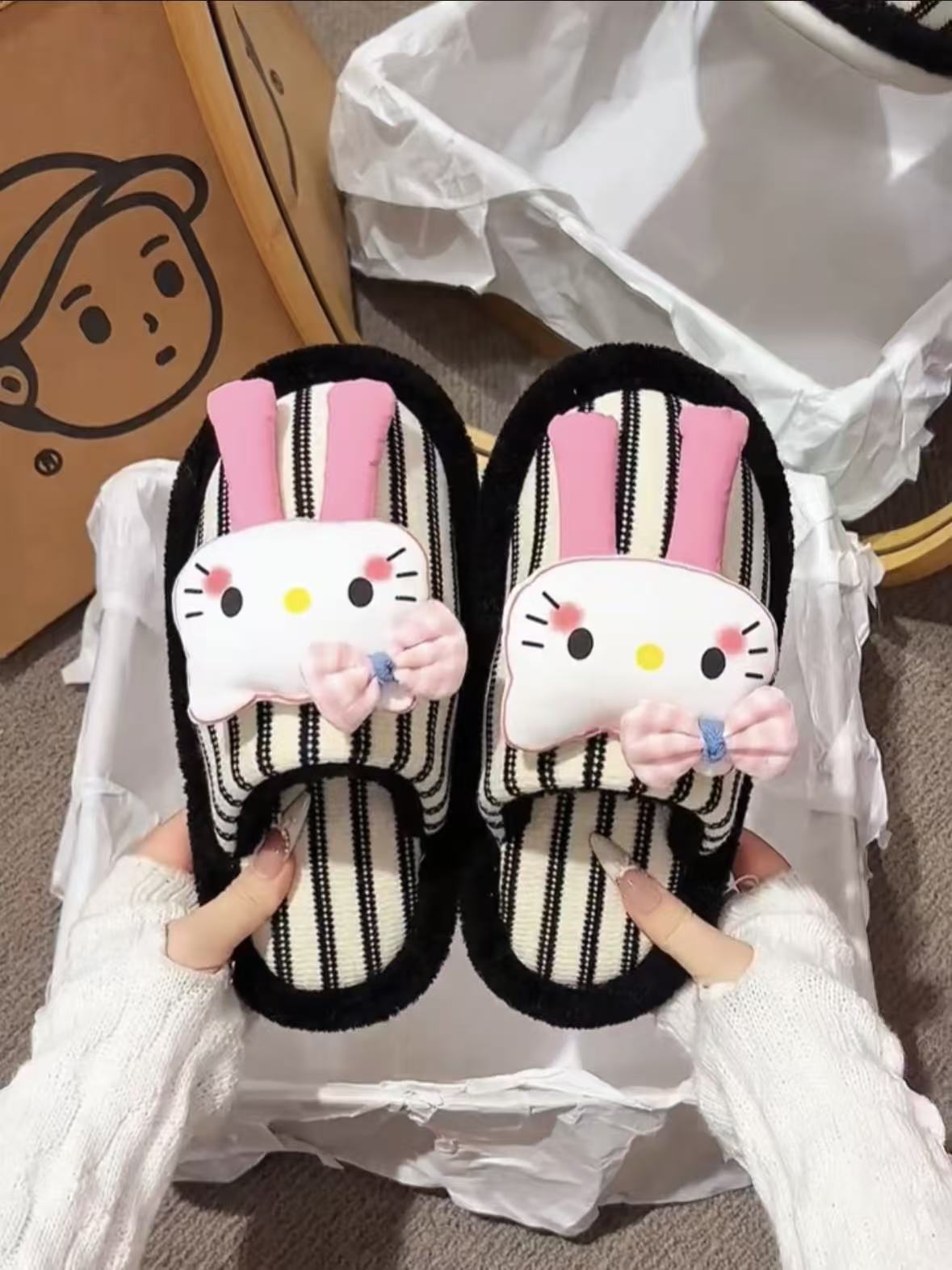 时尚可爱表情卡通凯蒂猫毛毛拖鞋女2025秋冬新款外穿防滑家居棉拖