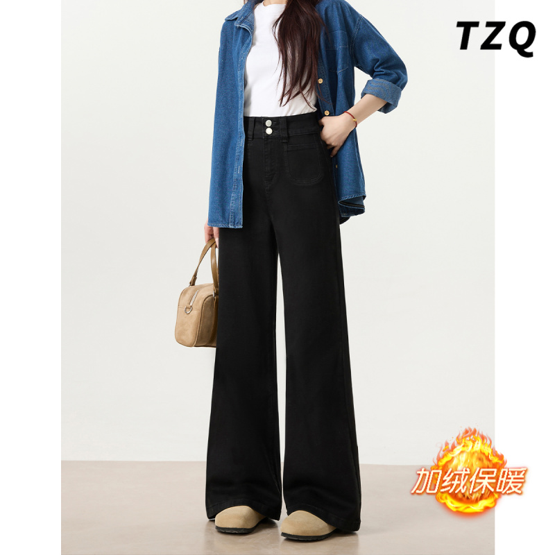 黑色高腰双扣微喇牛仔裤女款爆款2025秋冬加绒宽松梨型身材喇叭裤