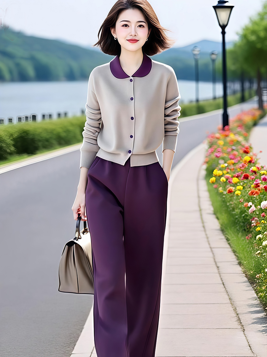 2025春秋新款高级感撞色翻领针织衫时尚休闲气质九分裤两件套女装