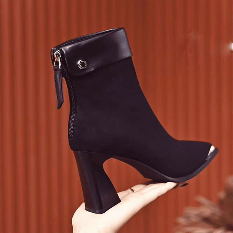 欧美绒面后拉链气质高跟短靴女2025年秋冬新款尖头粗跟加绒时装靴