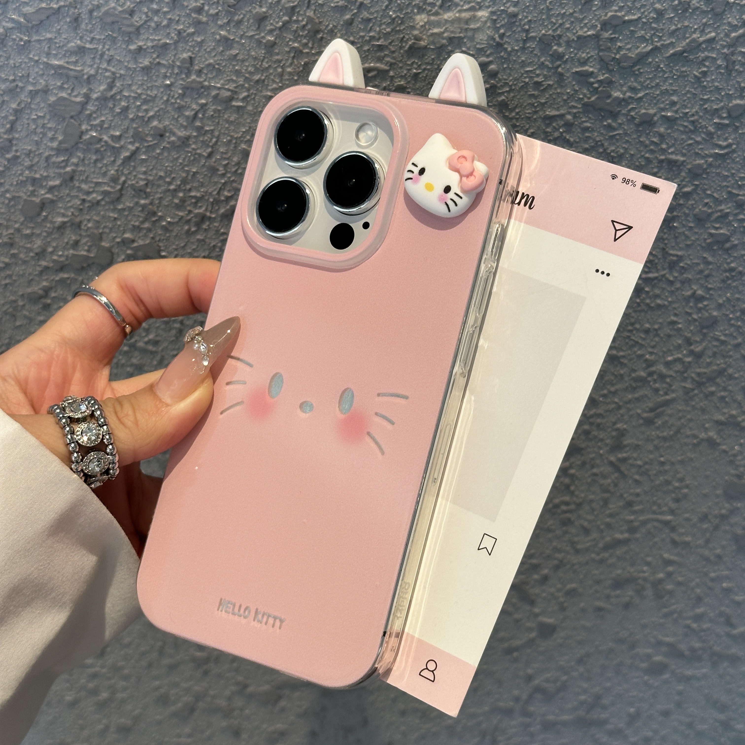 立体耳朵粉kitty表情适用iPhone16/15羽纱手机壳华为vivo小米oppo