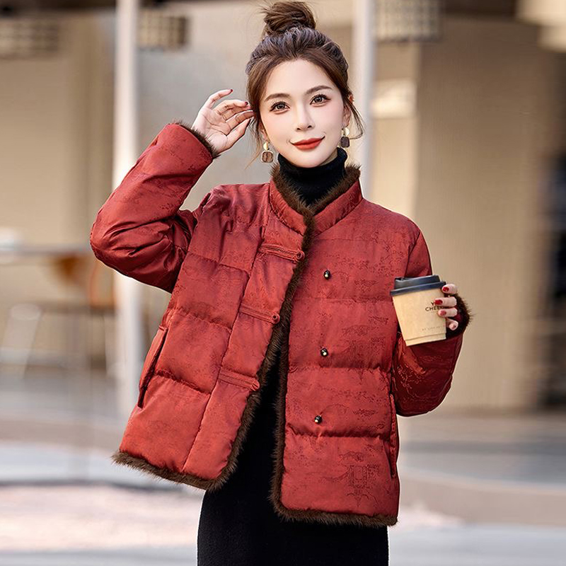 皮尔卡丹新中式国风棉衣棉服女2025秋冬季高级感复古提花盘扣加厚