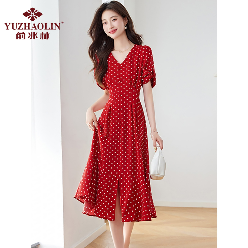 俞兆林红色波点仿真丝连衣裙女2025夏季新款感时尚洋气减龄巨好看