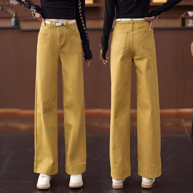 姜黄色牛仔阔腿裤女2025春夏新款垂感休闲小个子流行窄版直筒裤子